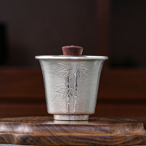 Handmade Pure Silver Gaiwan Traditional Lidded Teacup Qing Zhu 105ml