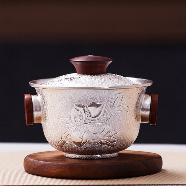 Handmade Pure Silver Gaiwan Traditional Lidded Teacup Pan Tao Mu Er 110ml