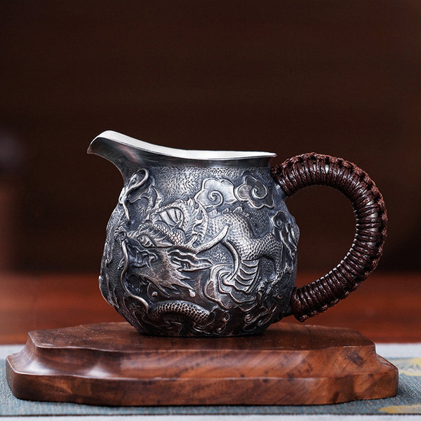 Handmade Pure Silver Fair Cup Of Tea Serving Pitcher Creamer Shuang Long Xi Zhu 258ml