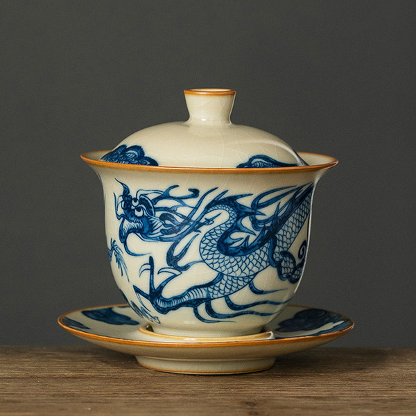 Blue and White Dragon Pattern Ru Kiln Gaiwan Brewing Vessel Qing Feng 160ml