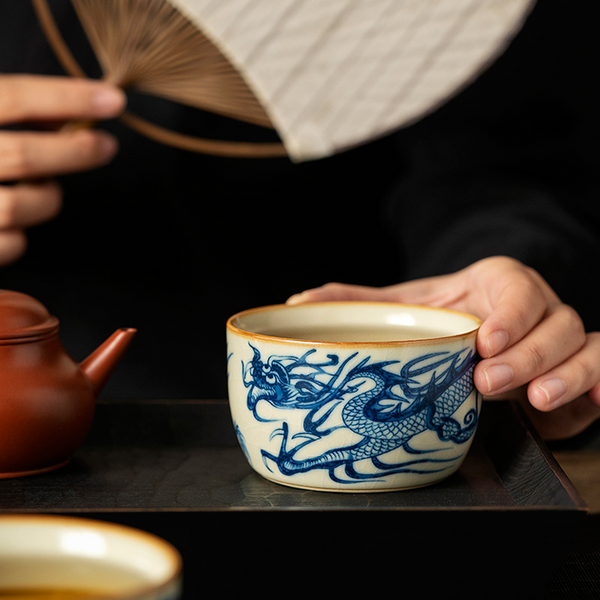 Blue and White Dragon Pattern Ru Kiln Gongfu Tea Tasting Teacup Zhi Bian 150ml