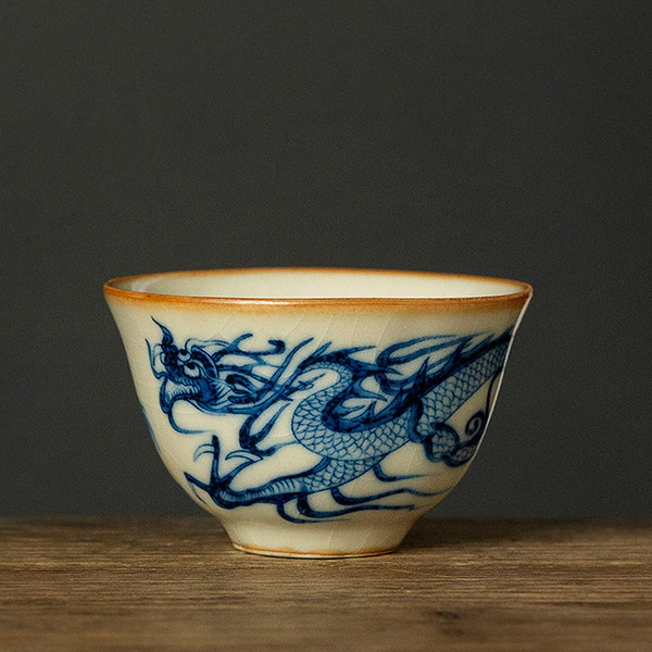 Blue and White Dragon Pattern Ru Kiln Gongfu Tea Tasting Teacup Xiao Bei 50ml