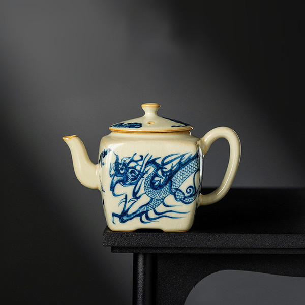 Blue and White Dragon Pattern Ru Kiln Chinese Kung Fu Tea Teapot Han Fang 175ml