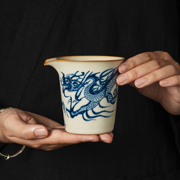 Blue and White Dragon Pattern Ru Kiln Fair Cup Of Tea Serving Pitcher Creamer Fang Yuan 175ml