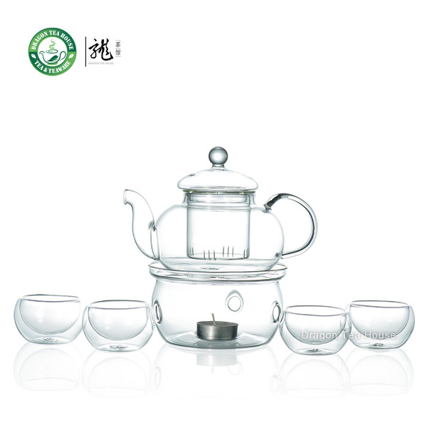 Clear Glass Tea Set 600ml Teapot + Warmer + Double Wall GlassTeacup x 4