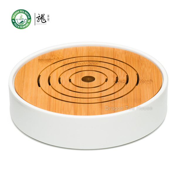 Flat Round White Porcelain Bamboo Gongfu Serveware Tea Table Serving Tray 23 x 23cm