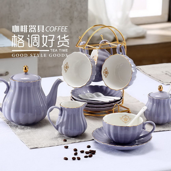 Porcelain Gold Rim Coffee Tea Set Teapot Sugar Bowl Creamer Cups Infuser Holder Purple