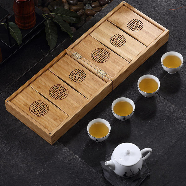 Foldable Travel Bamboo Tea Serving Tray w/t Porcelain Teapot Teacups Cotton Bag