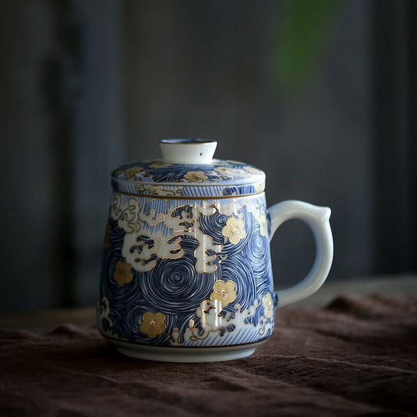 Ocean Wave & Plum Blossom Porcelain Tea Mug with Infuser 330ml 11.15oz