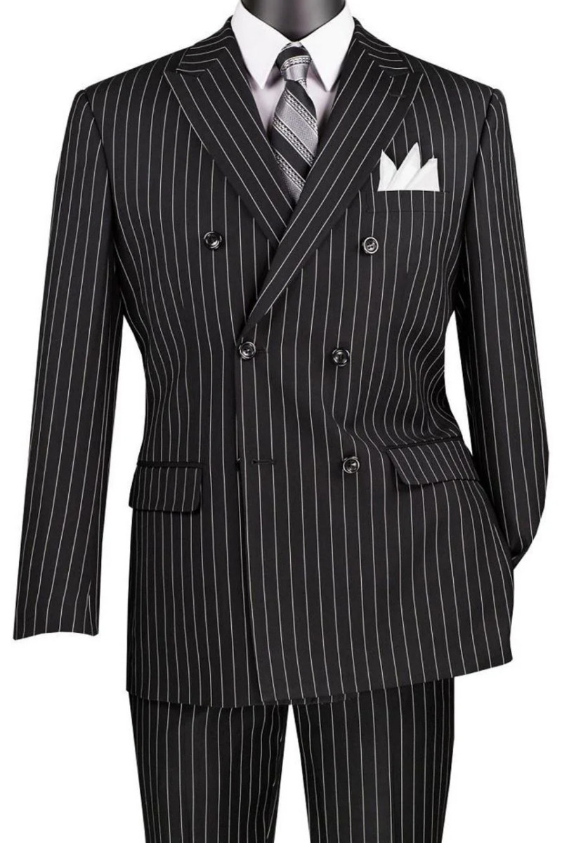 Vinci Black Bold Pinstripe Double-Breasted Suit - Vavra's Menswear