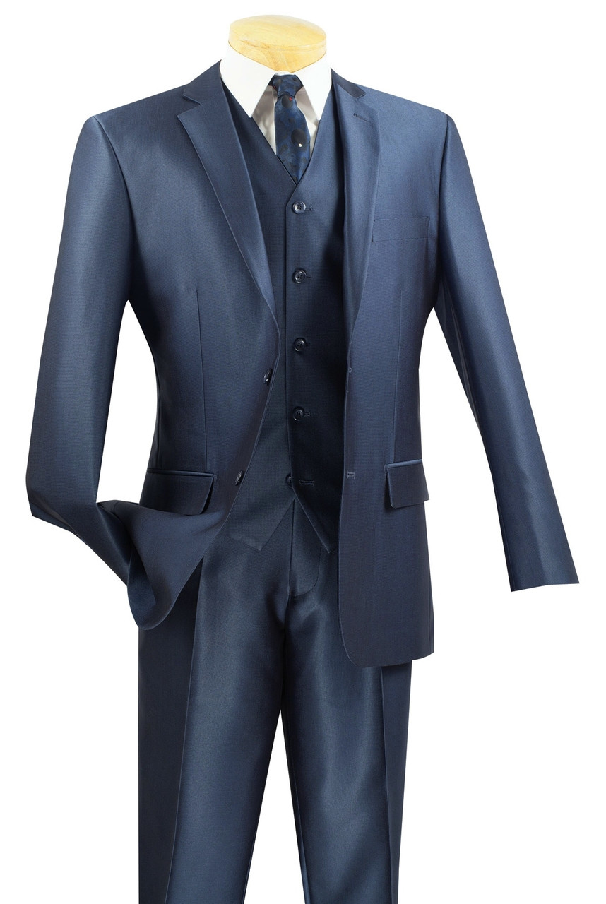 Vinci 2-Button Blue Micro-Dot Sheen Suit with Vest - Slim Fit