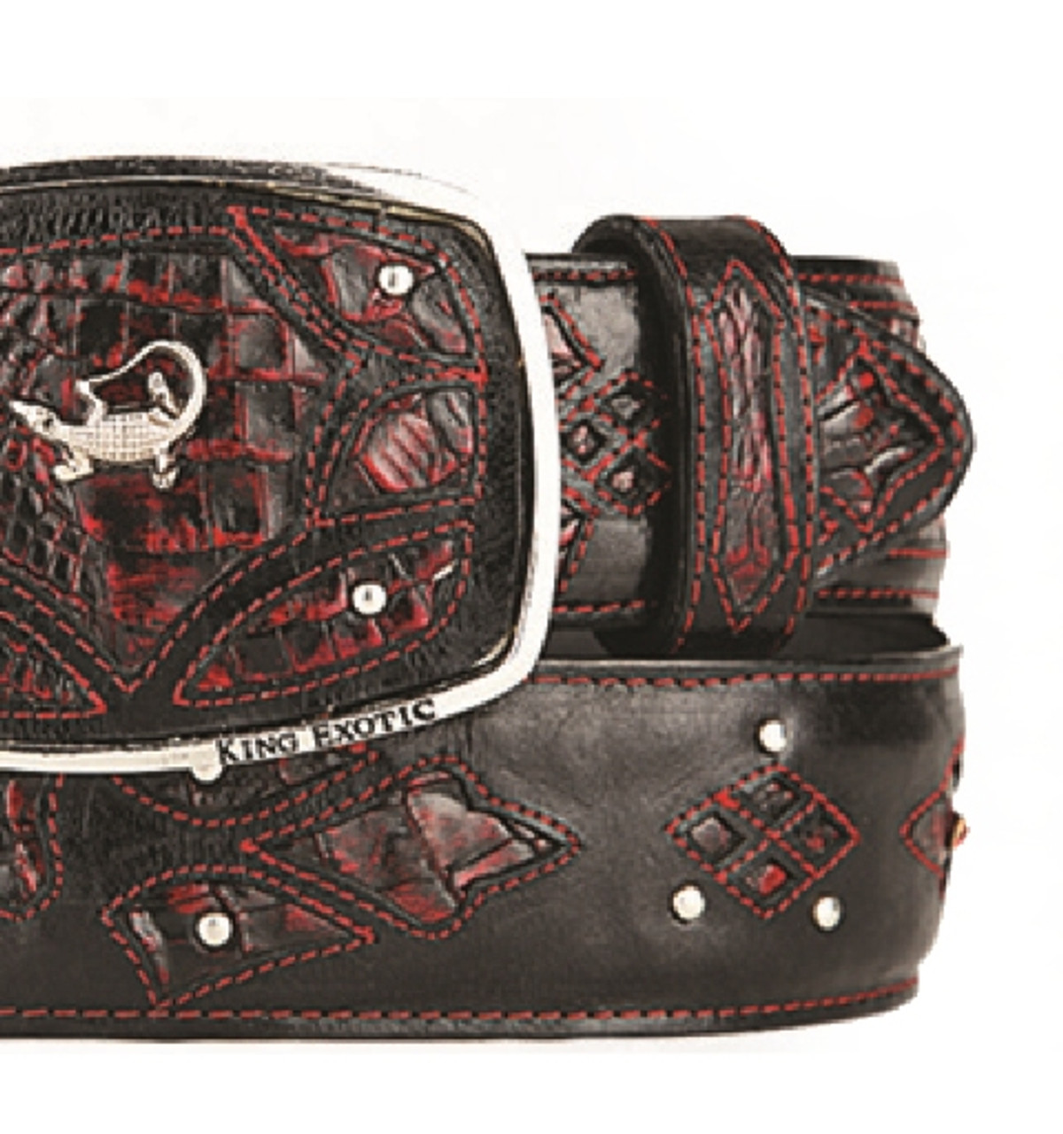 King Exotic Genuine Caiman Cut-Out Design Western Belt - Black