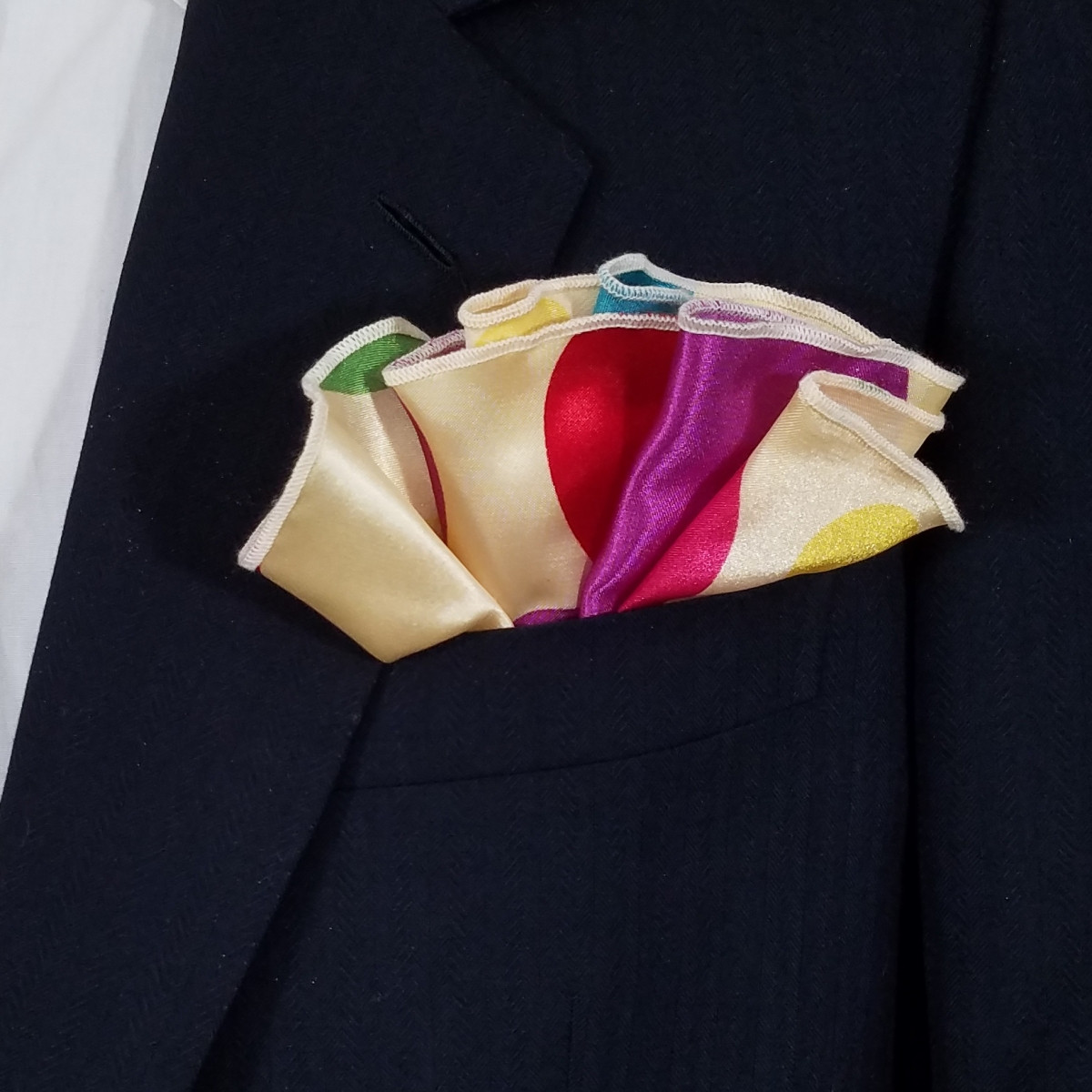 2in1 Pouf Round Pocket Square Large Polka Dots on Cream Vavra's Menswear