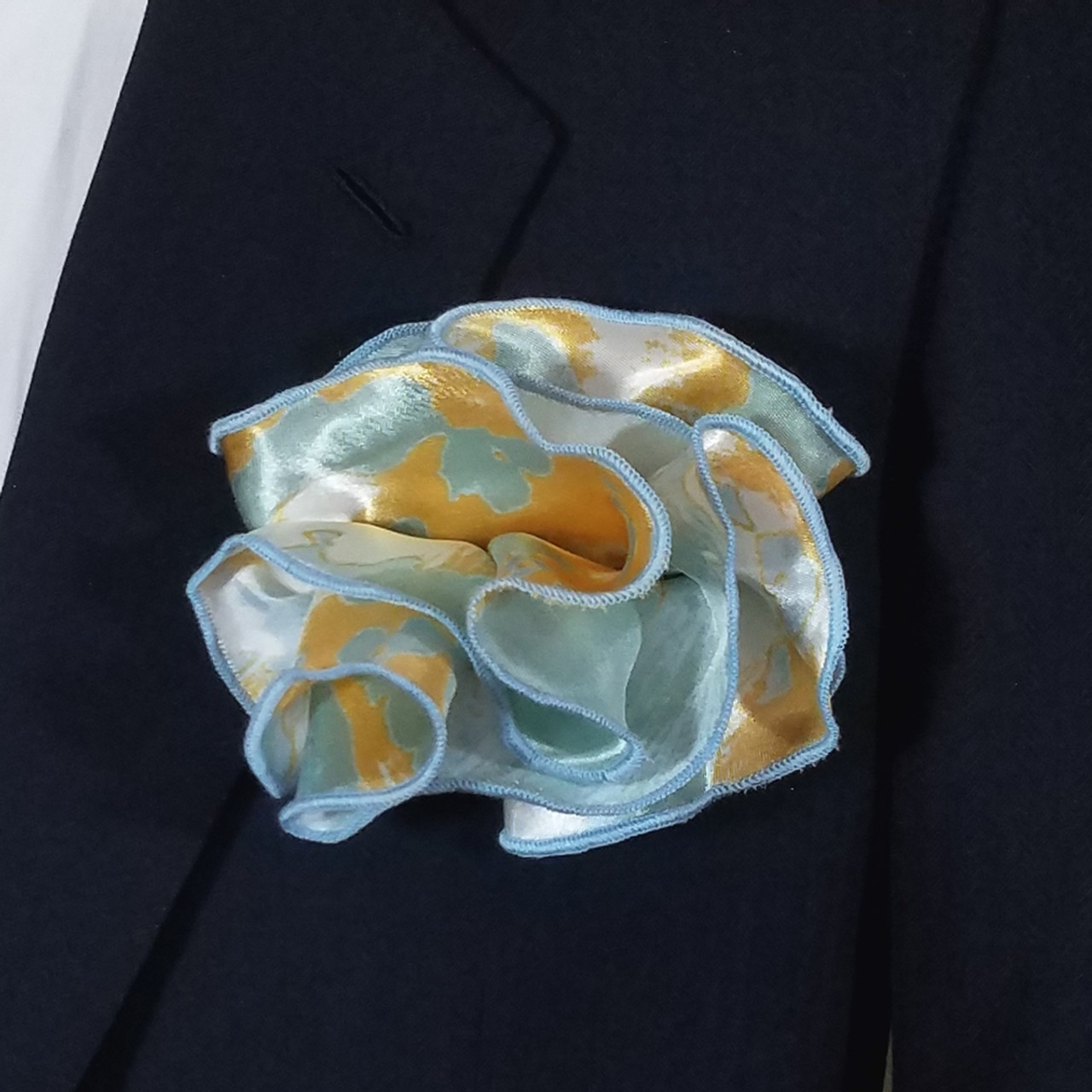 2-in-1 Pouf Round Pocket Square - Light Blue & Gold Abstract - Vavra\'s  Menswear