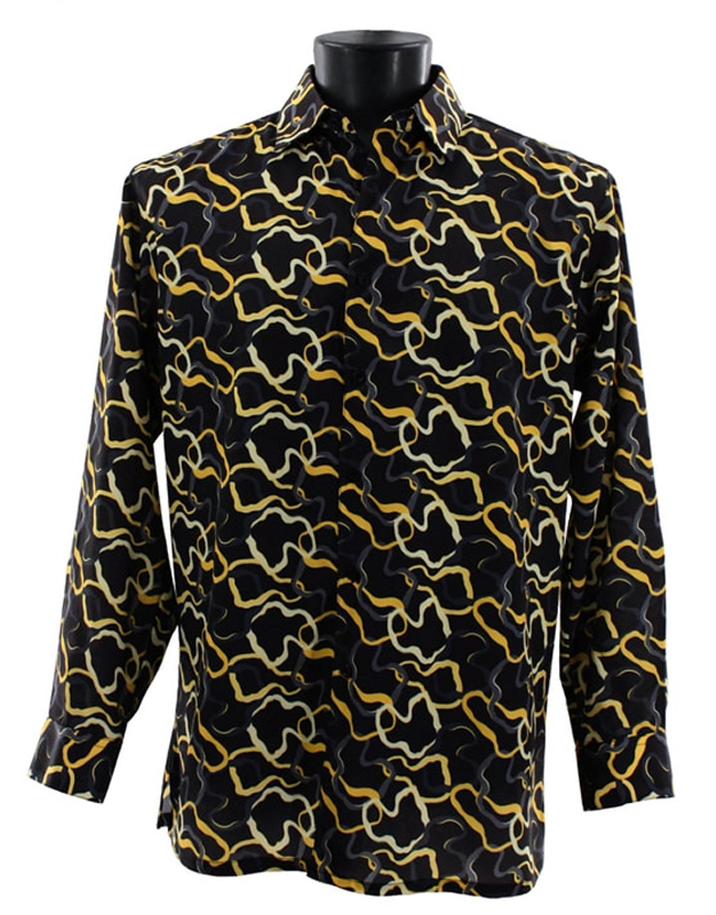 Bassiri Long Sleeve Camp Shirt - Black & Gold Squiggle Design - Vavra's ...