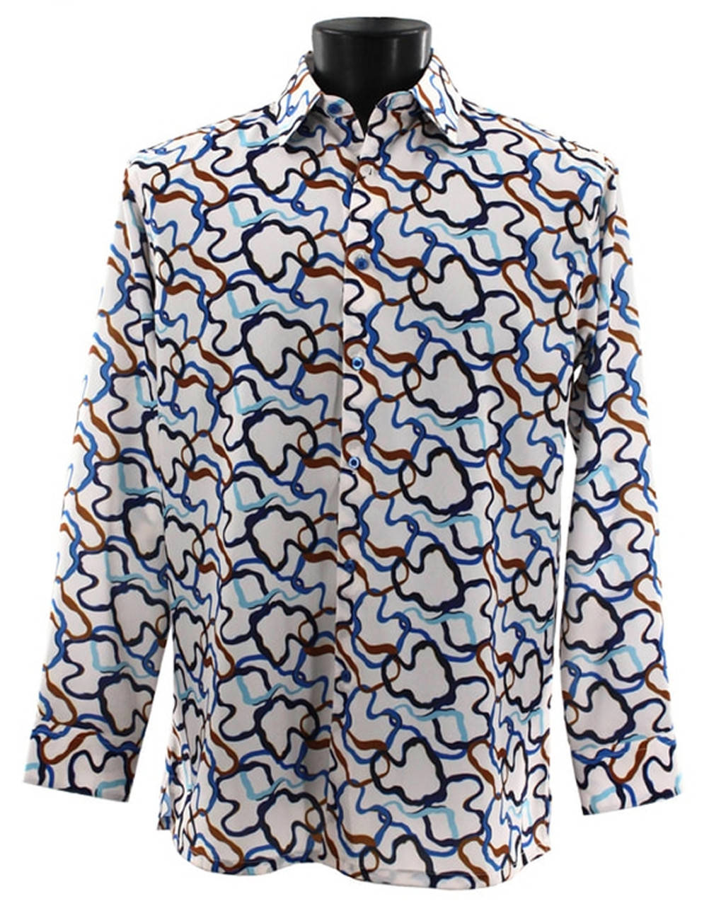 Bassiri Long Sleeve Camp Shirt - Multi-Color Blue Squiggle Design