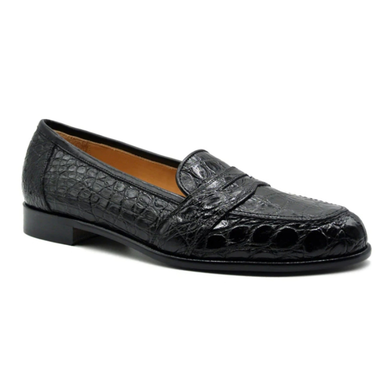 Zelli 100% Caiman Crocodile Italian Penny Loafer - Black