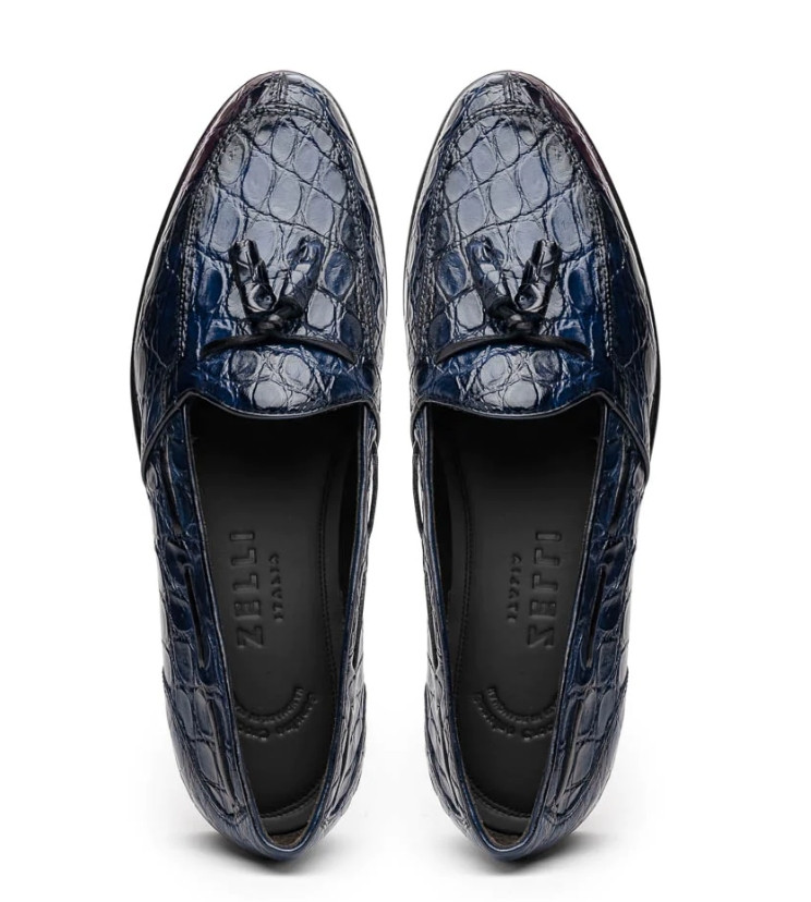 Zelli 100% Caiman Crocodile Italian Tassel Loafer Navy Blue