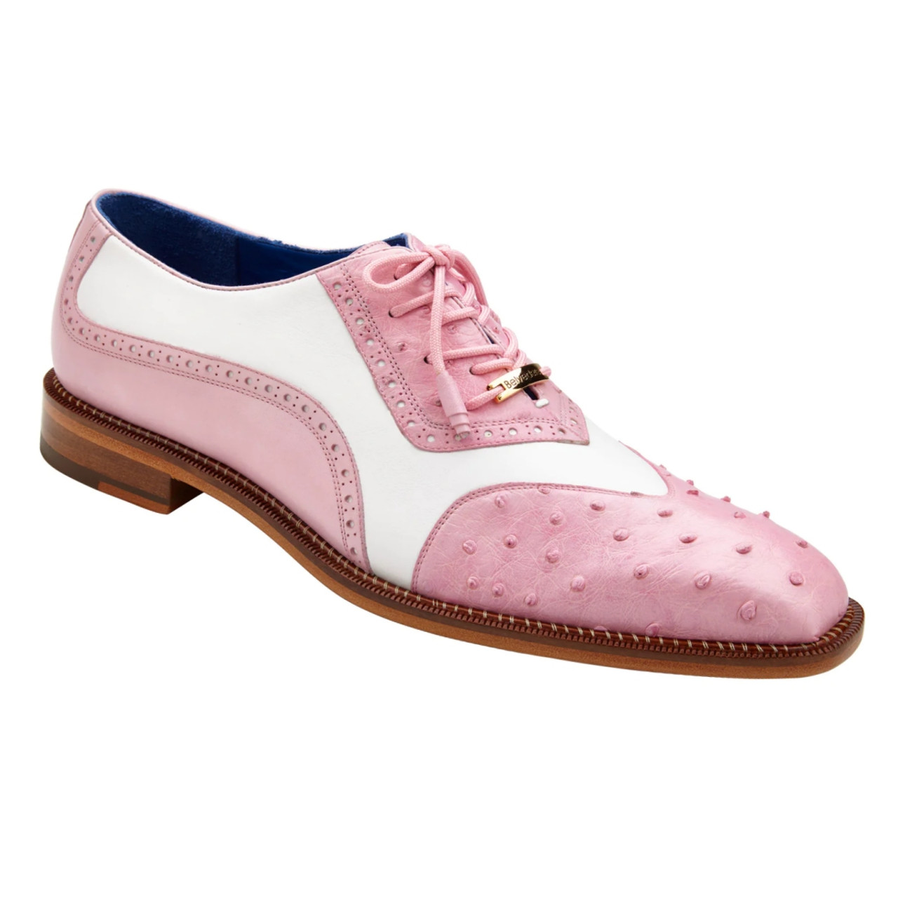 Belvedere Genuine Ostrich Quill & Leather Wing Tip Shoes - Pink/White