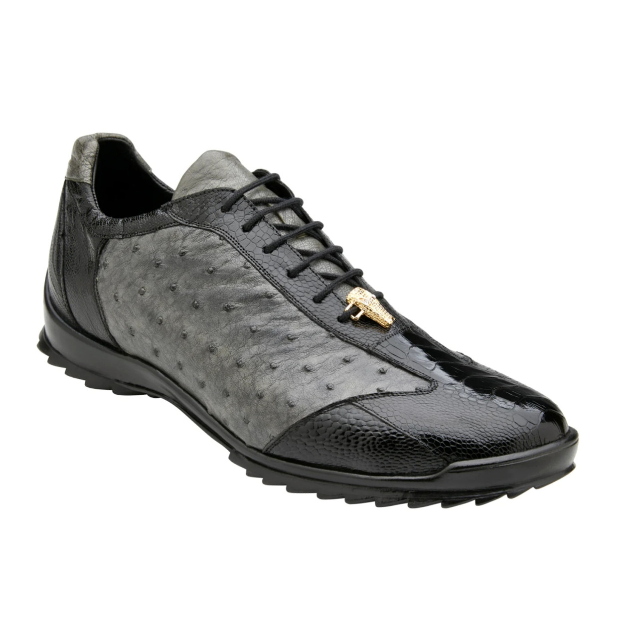 Belvedere Genuine Ostrich Quill & Leg Sneakers - Black & Grey