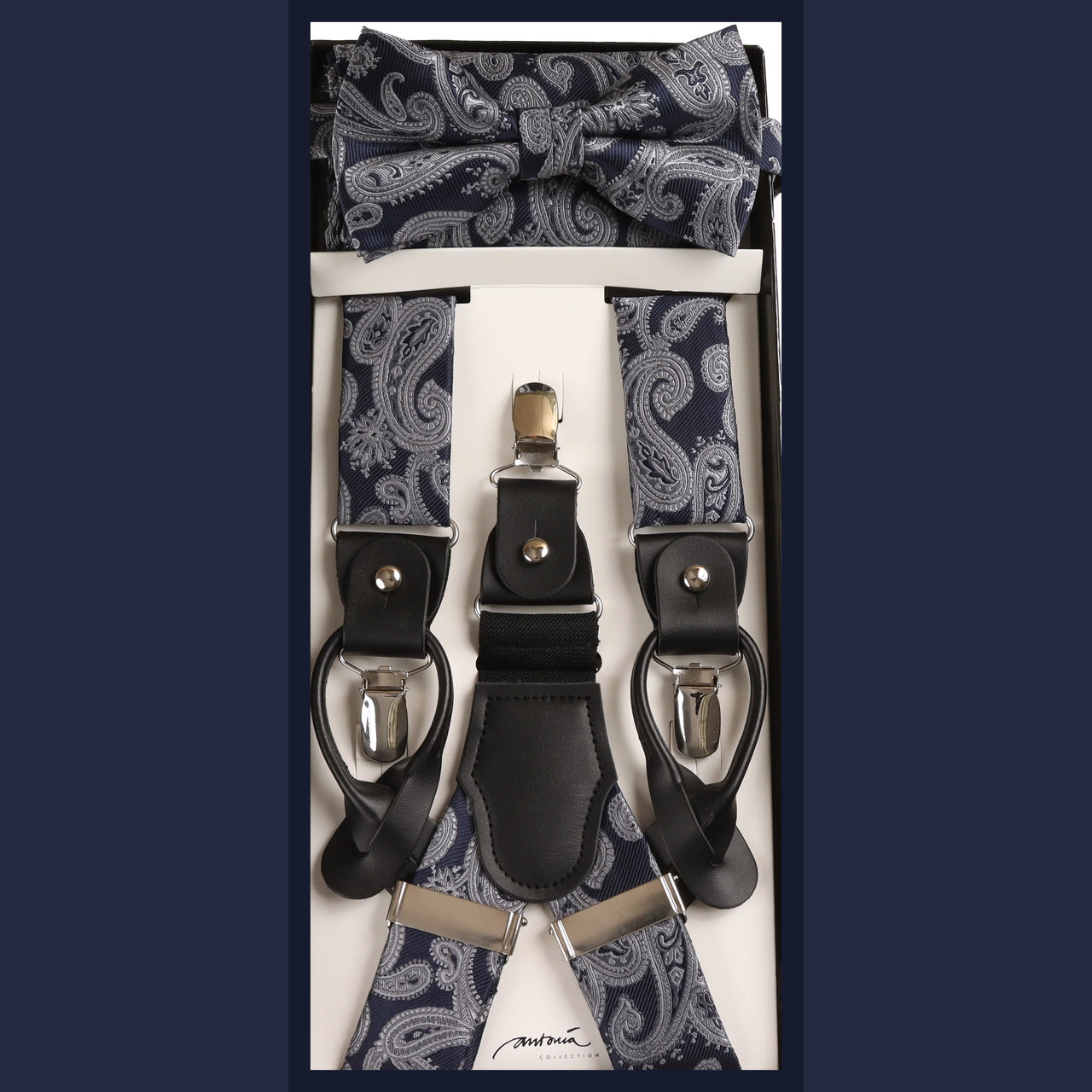Navy Blue & Silver Paisley Suspenders with Matching Silk Bow Tie Set