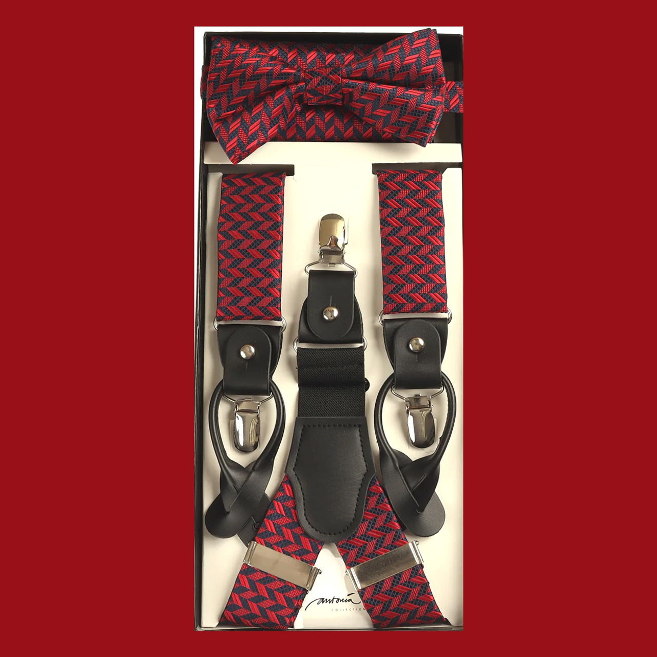 Navy Blue & Silver Paisley Suspenders with Matching Silk Bow Tie