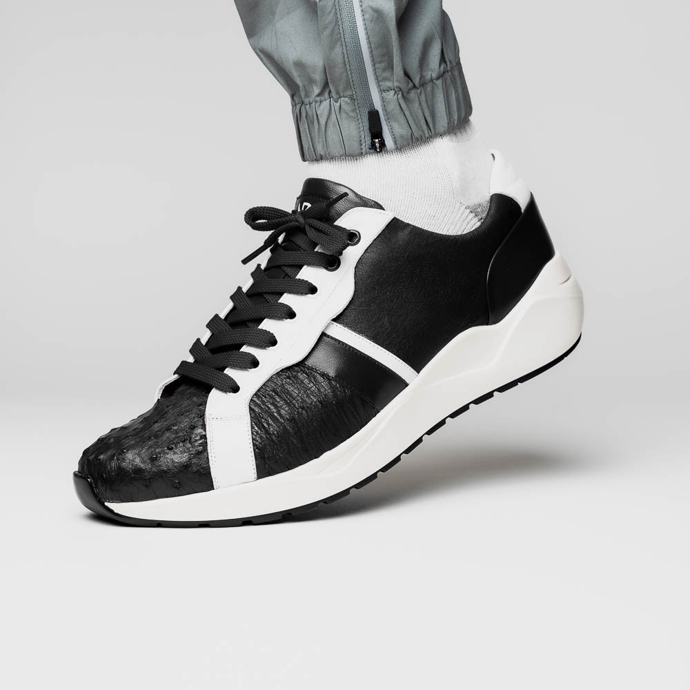 Men's Sneaker Black Genuine Ostrich and Soft Calf