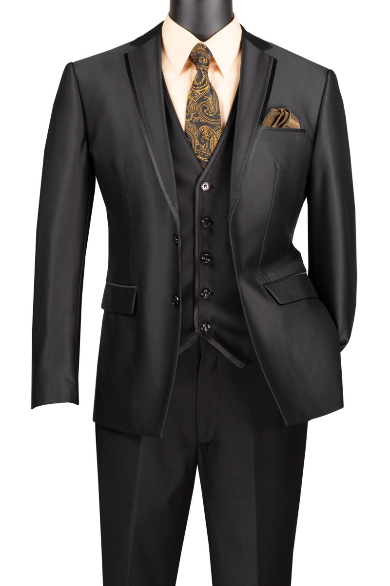 Vinci 3 Piece Sheened Satin Slim Fit Suit - Black - Vavra's Menswear