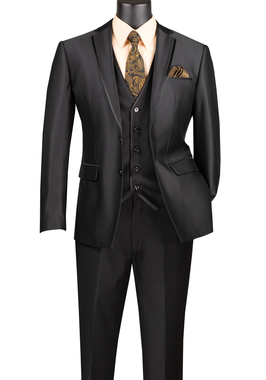 Vinci 3 Piece Sheened Satin Slim Fit Suit - Black - Vavra's Menswear