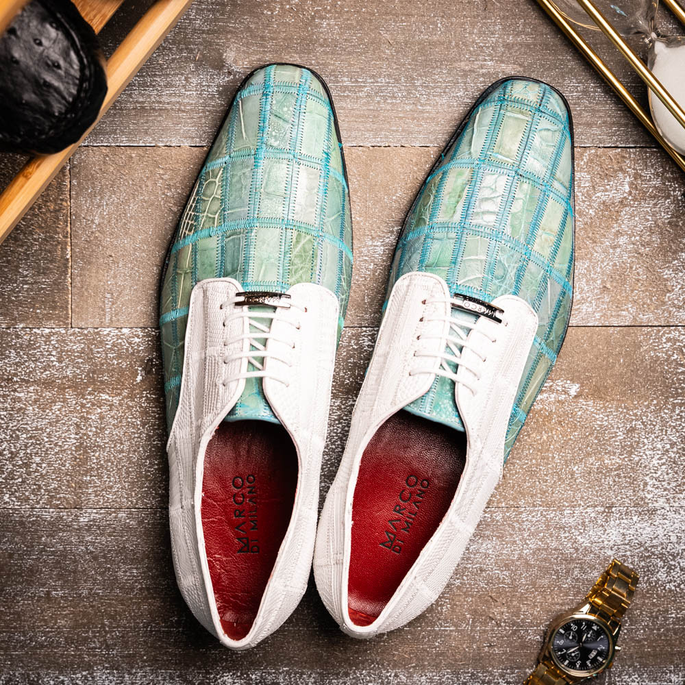 Marco di Milano Genuine Caiman Crocodile & Lizard Patchwork Dress Tie Shoe  - Turquoise Green & White