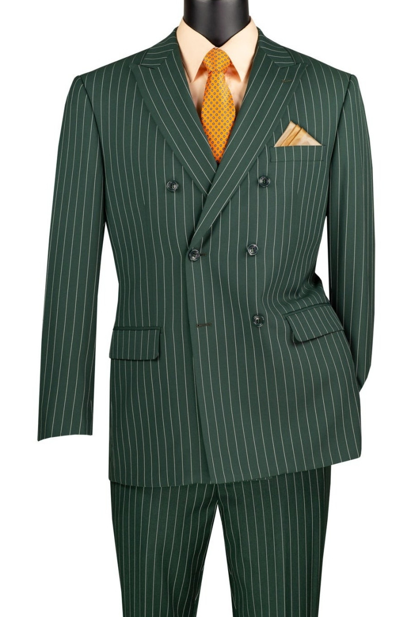 Vinci Hunter Green Bold Pinstripe Double-Breasted Suit - Vavra's