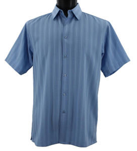 Bassiri Blue Tonal Multi-Stripe Short Sleeve Camp Shirt