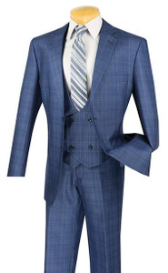 Vinci 2-Button Glenplaid with Low Cut Vest Suit - Blue Vinci 2-Button Glenplaid with Low Cut Vest Suit - Blue