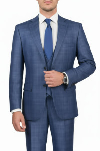 Vinci 2-Button Glenplaid with Low Cut Vest Suit - Blue