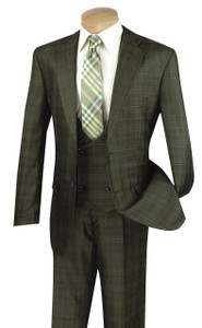 Vinci 2-Button Glenplaid with Low Cut Vest Suit - Olive Vinci 2-Button Glenplaid with Low Cut Vest Suit - Olive