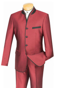 Vinci Burgundy Banded Collar Two-Tone Fashion Suit - Slim Fit Vinci Burgundy Banded Collar Two-Tone Fashion Suit - Slim Fit