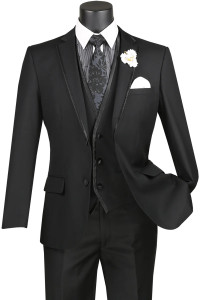 Vinci 2-Button Trimmed Black Suit with Vest - Slim Fit Vinci 2-Button Trimmed Black Suit with Vest - Slim Fit