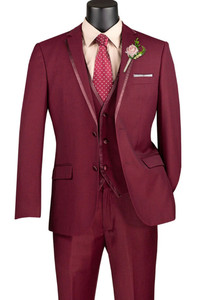 Vinci 2-Button Trimmed Burgundy Suit with Vest - Slim Fit Vinci 2-Button Trimmed Burgundy Suit with Vest - Slim Fit