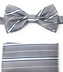 Grey, White and Blue Stripes Pre-Tied Silk Bow Tie Set Grey, White and Blue Stripes Pre-Tied Silk Bow Tie Set