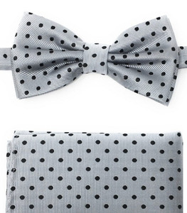 Black Polka Dots on Grey Pre-Tied Silk Bow Tie Set Black Polka Dots on Grey Pre-Tied Silk Bow Tie Set