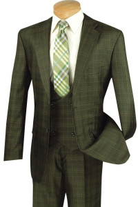 Vinci 2-Button Olive Glenplaid Suit with Low-Cut Vest Vinci 2-Button Olive Glenplaid Suit with Low-Cut Vest