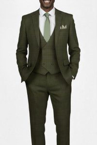 Vinci 2-Button Olive Glenplaid Suit with Low-Cut Vest