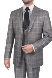 Vinci 2-Button Grey Glenplaid Suit with Low-Cut Vest