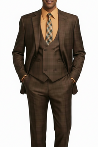 Vinci 2-Button Chestnut Brown Glenplaid Suit with Low-Cut Vest