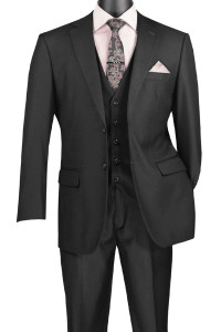 Vinci 2-Button Classic Suit with Vest - Black Vinci 2-Button Classic Suit with Vest - Black