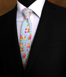 Parquet 100% Cotton Blue Small Roses Skinny Tie Parquet 100% Cotton Blue Small Roses Skinny Tie