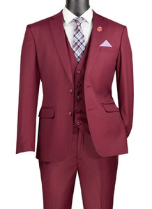 Vinci 2-Button Burgundy Suit with Vest - Slim Fit