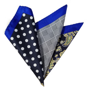 100% Silk Pocket Square Navy Blue Polka Dots with Yellow Paisleys 12.5in 100% Silk Pocket Square Navy Blue Polka Dots with Yellow Paisleys 12.5in