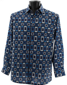Bassiri Long Sleeve Camp Shirt - Turquoise & Navy Rectangle Design Bassiri Long Sleeve Camp Shirt - Turquoise & Navy Rectangle Design