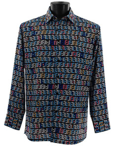 Bassiri Long Sleeve Camp Shirt - Blue Festive Block Design Bassiri Long Sleeve Camp Shirt - Blue Festive Block Design